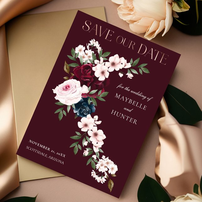 Reserve A Data Marinho Borgonha Aquarela Floral Elegante (Elegant Burgundy Navy Watercolor Floral Waterfall Save The Date)