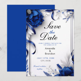 Reserve A Data Marinho Chic Blue & Silver Flowers Fitas Casamento
