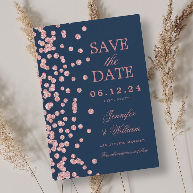 Reserve A Data Marinho Confetti Rosa de Casamento Elegante (Elegant Script Wedding Rose Gold Confetti Navy Save The Date)