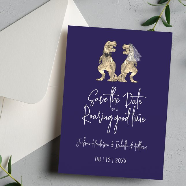 Reserve A Data Marinho De Casamento De Dinossauro Engraçado Azul (Funny Dinosaur wedding save the date navy blue white invitation Modern script T-Rex bride and groom)