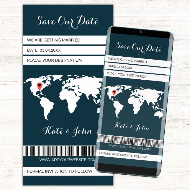 Reserve A Data Marinho de Destino de Embarque Eletrônico Azul (save the date electronic boarding pass navy blue and white, save our date digital invitation)