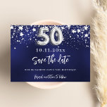 Reserve A Data Marinho de estrelas de prata azul 50.º aniversário<br><div class="desc">Um moderno e elegante Salve a Data para uma parte de 50 anos. Um fundo azul marinho decorado com estrelas de falso prata. Personalize e adicione uma data e um nome. A cor azul é irregular. O texto: Salvar a Data é gravado com um script de estilo com letra de...</div>