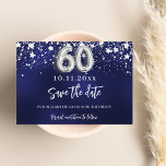 Reserve A Data Marinho de estrelas de prata azul 60º aniversário<br><div class="desc">Um moderno e elegante Salve a Data para uma parte de 60 anos. Um fundo azul marinho decorado com estrelas de falso prata. Personalize e adicione uma data e um nome. A cor azul é irregular. O texto: Salvar a Data é gravado com um script de estilo com letra de...</div>