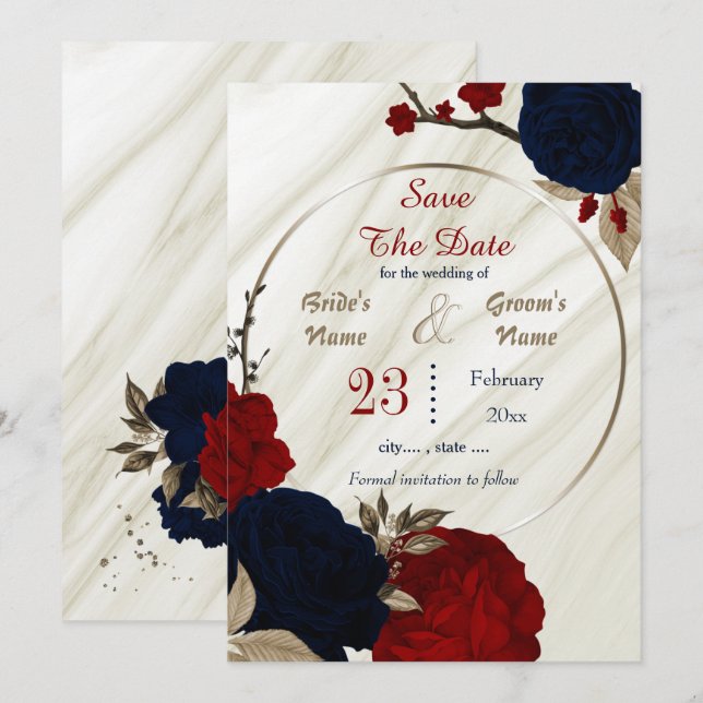 Reserve A Data marinho de flores vermelhas bronze (Frente/Verso)