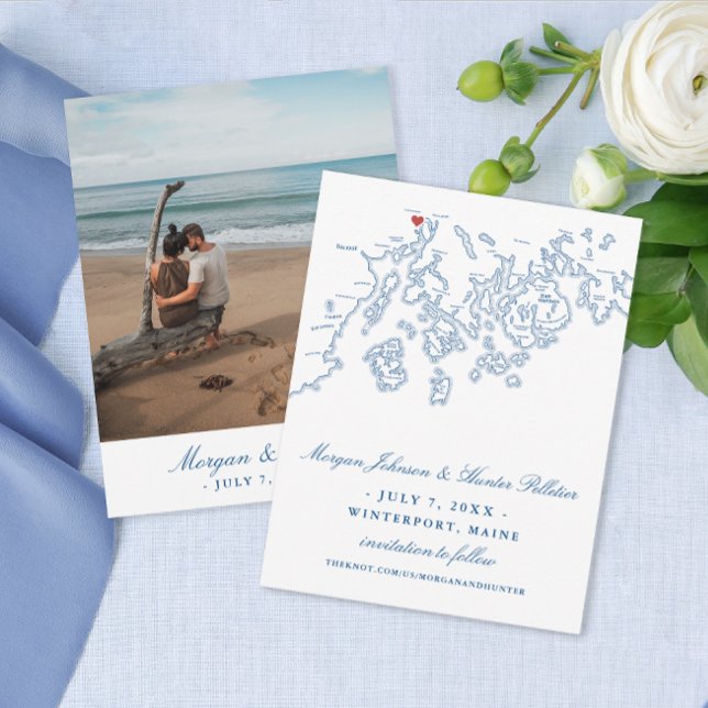 Reserve A Data Marinho de Mapa do Winterport Maine Azul (Winterport Maine Wedding Small Save the Date with Photo in elegant navy blue from Coastal Map Design)