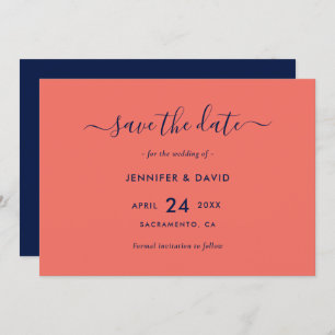 Reserve A Data Marinho de Script Moderno Casamento Azul e Coral
