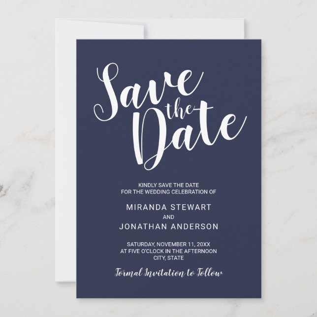 Reserve A Data Marinho de Script Moderno Casamento Azul Salvar a  (Frente)