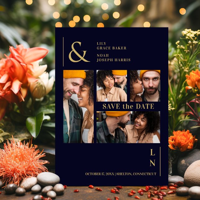 Reserve A Data Marinho de tendências ultra-moderno e 4 fotos múlt (Ultra Modern Trendy Navy & Gold 4 Multi Photos Save The Date Card.)