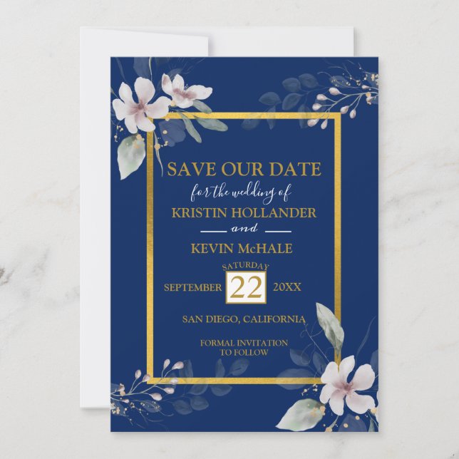 Reserve A Data Marinho Dourado Dusty Flores brancas aquarela (Frente)