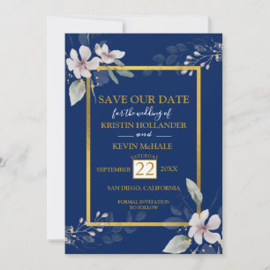 Reserve A Data Marinho Dourado Dusty Flores brancas aquarela