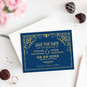 Reserve A Data Marinho Escuro Vintage Casamento de Deco Azul e Do