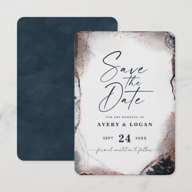 Reserve A Data Marinho etéreo abstrato e Casamento Dourado Rosa (Frente/Verso)