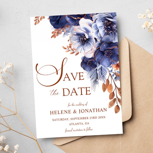 Reserve A Data Marinho Floral Blue Terracotta Boho Casamento Eleg (Floral Navy Blue Terracotta Boho Elegant Wedding Save The Date)
