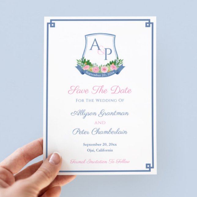 Reserve A Data Marinho Monograma Rosa Rosa Rosas Nascidas (Preppy wedding save the date featuring a hand-painted watercolor navy and hot pink monogram crest)