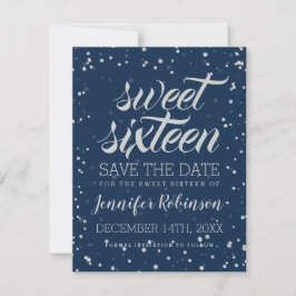 Reserve A Data Marinho Prateado Sweet 16 Save Date Sparkle Confet