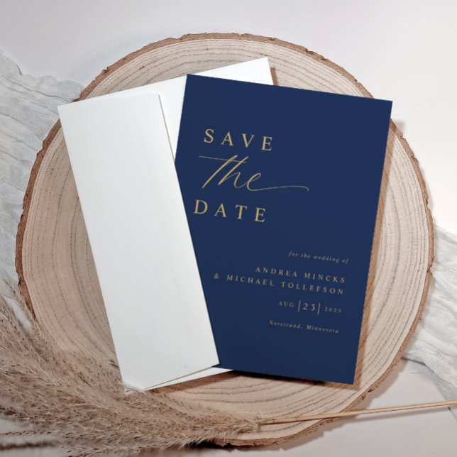 Reserve A Data Marinho Romântico Suave Azul e Casamento Dourado (Modern save the date cards navy blue with gold)