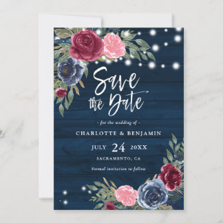 Reserve A Data Marinho Russo Azul Borgonha Blush Casamento Floral