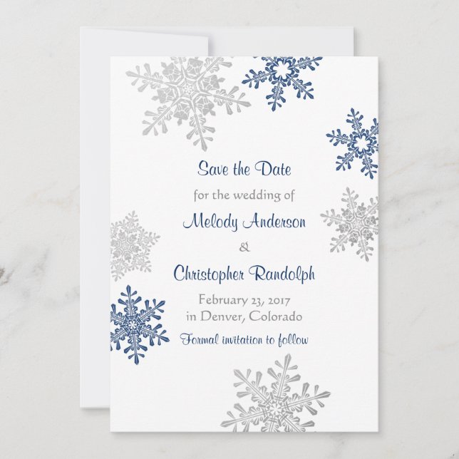 Reserve A Data Marinho Silver Snowflake Casamento no inverno Guar (Frente)