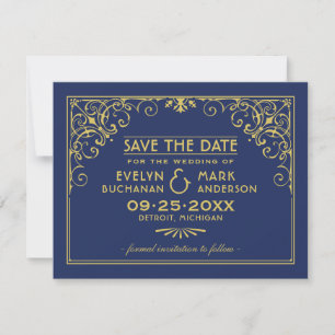 Reserve A Data Marinho Vintage e Casamento Dourado de Arte