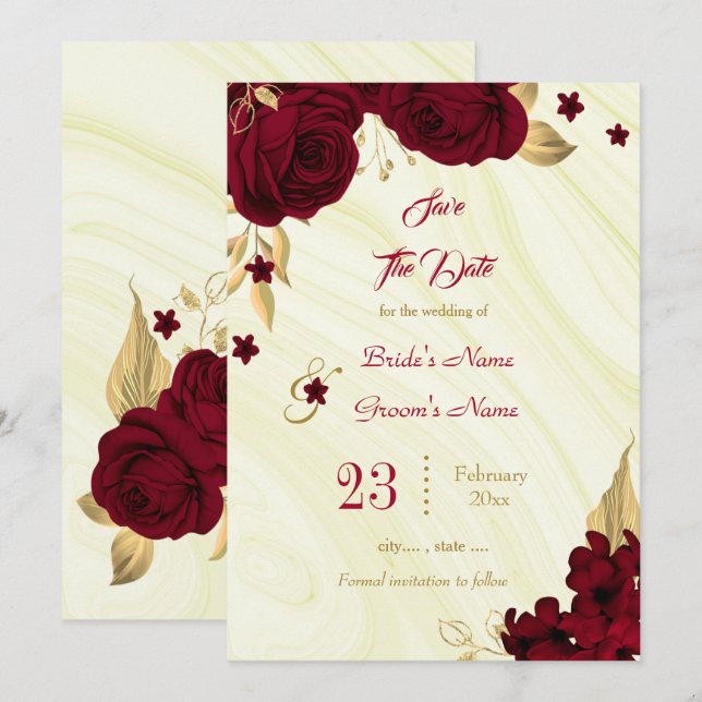 Reserve A Data mármore floral burgundy e dourado (Frente/Verso)