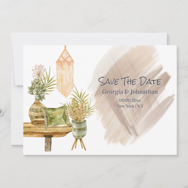 Reserve A Data Marrom verde dourado boho macramê plantas em vaso  (Frente)