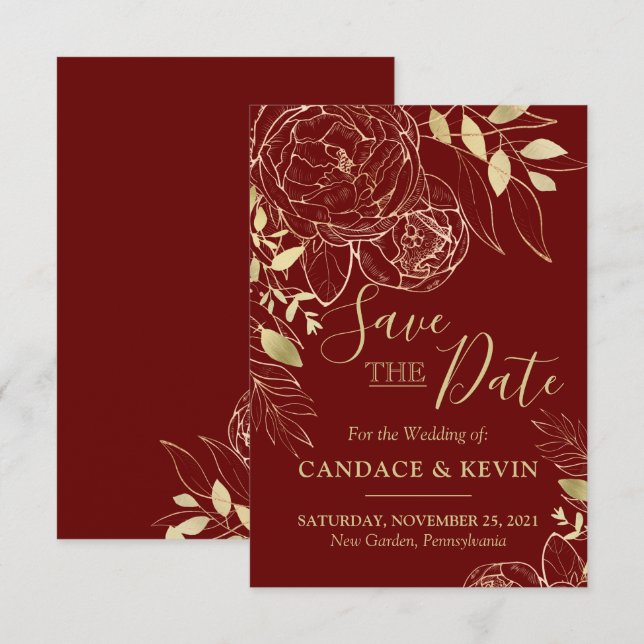 Reserve A Data Marrom Vermelho Escuro e Casamento Floral Moderno  (Frente/Verso)