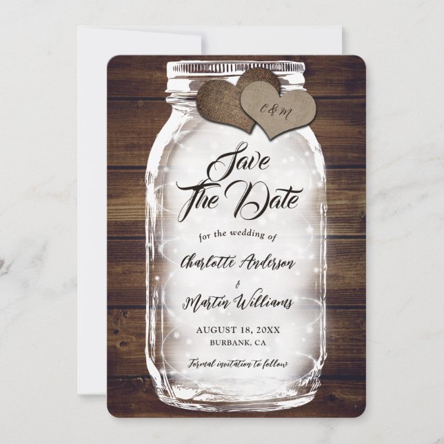 Reserve A Data Mason Jar Lights Burlap Hearts Barn Wood Casamento (Frente)