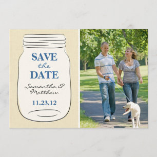Reserve A Data Mason Jar Photo Save the Date Card - Blue