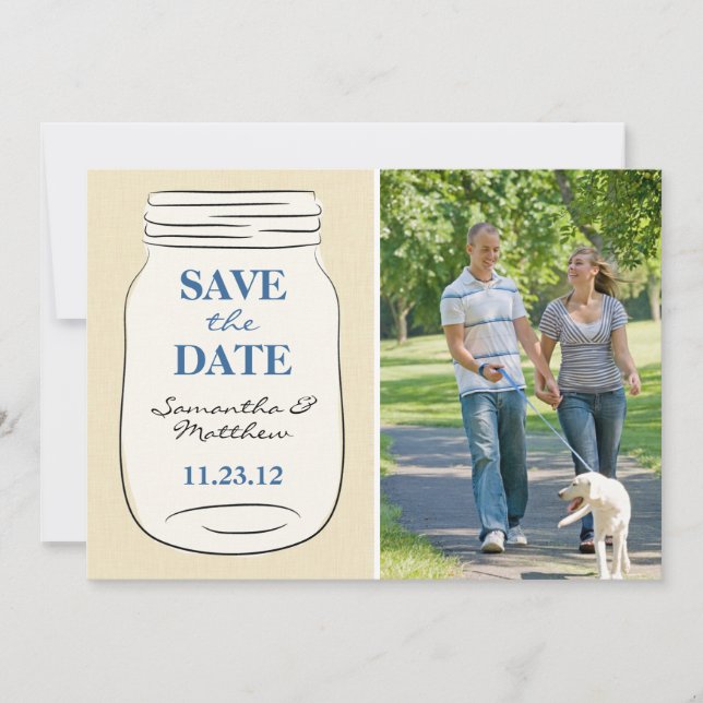 Reserve A Data Mason Jar Photo Save the Date Card - Blue (Frente)