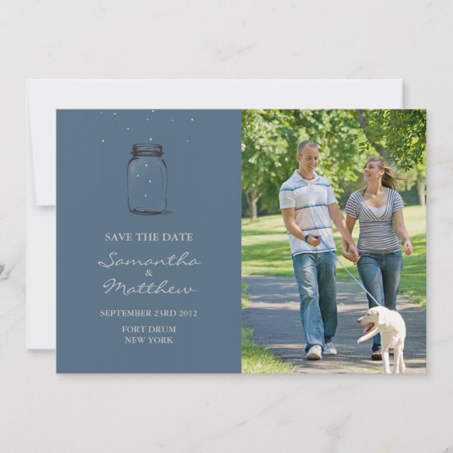Reserve A Data Mason Jar Photo Save the Date Card - Blue (Frente)