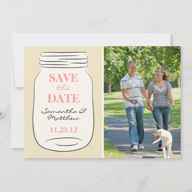 Reserve A Data Mason Jar Photo Save the Date Card - Pink (Frente)