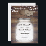 Reserve A Data Mason Jar Rustic Country Wood Burlap Wedding<br><div class="desc">Rustic country wedding save the date card featuring a mason jar,  string lights and burlap hearts on a rustic wood background.</div>