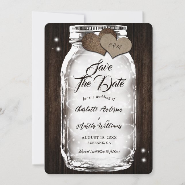 Reserve A Data Mason Jar String Luz Rustic Barn Wood Casamento (Frente)