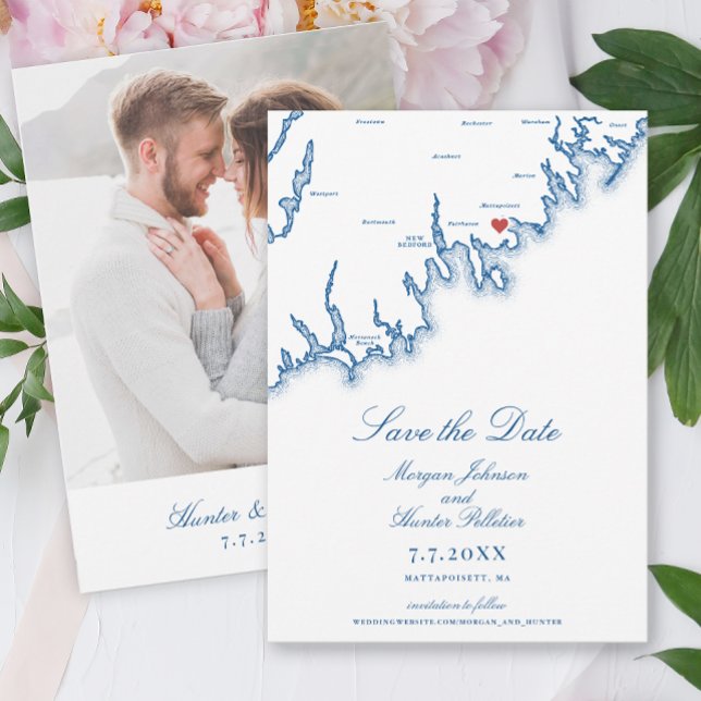 Reserve A Data Mattapoisett MA Map Elegant Navy Blue Wedding (Mattapoisett MA Wedding Save the Date with Photo in Elegant Navy Blue from Coastal Map Designs)