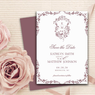 Reserve A Data Mauve Monograma Floral Vintage Crest Casamento