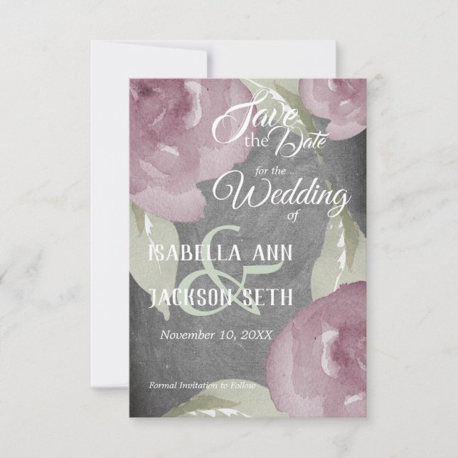 Reserve A Data Mauve Watercolor Floral e Chalkboard (Frente)