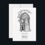 Reserve A Data Medieval Gothic Knight Bride Groom<br><div class="desc">Step back in time with this enchanting medieval-themed "Save the Date" card, featuring a valiant knight in full armor standing beside his elegant bride. The couple is set against a dramatic Gothic archway, complete with intricate stonework and fierce dragon accents, all rendered in a striking black and white line art...</div>