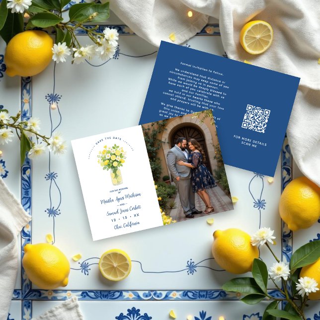 Reserve A Data Mediterranean Chic Blue Floral Arrangement Lemons (Mediterranean Cheerful Floral Arrangement Lemons & Flowers Wedding Save the Date Cards with Photo.)