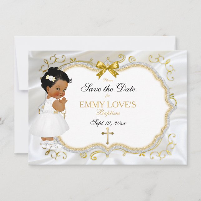 Reserve A Data Menina Batismo Salva Data Dourada Cruz Branca (Frente)