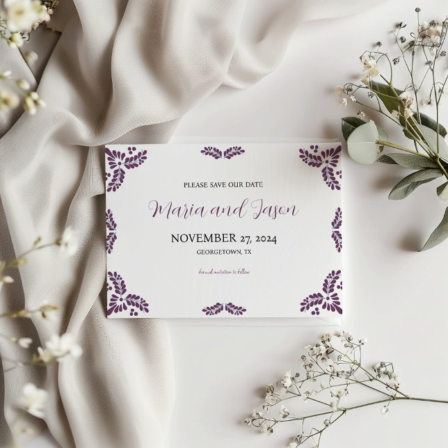 Reserve A Data Mexican Talavera Purple Floral Minimalist Wedding (Mexican Talavera Purple Floral Minimalist Wedding Save The Date)