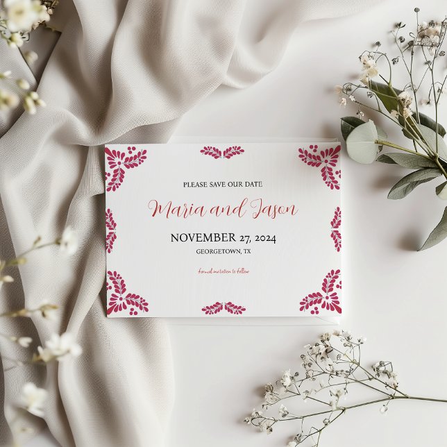 Reserve A Data Mexican Talavera Red Floral Minimalist Wedding (Mexican Talavera Red Floral Minimalist Wedding Save The Date)