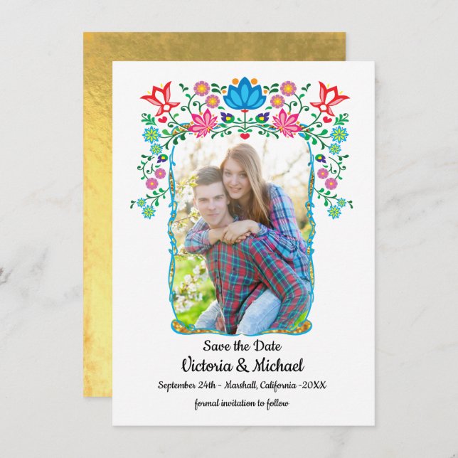 Reserve A Data Mexicano Fiesta Dourado Salve a Foto da Data (Frente/Verso)