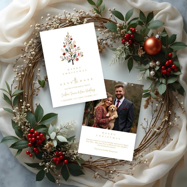 Reserve A Data Minimal Chic Winter Christmas Tree Photo Wedding (Minimalist Chic Winter Christmas Tree Wedding Save the Date Holiday Cards with Back Photo in Digital)