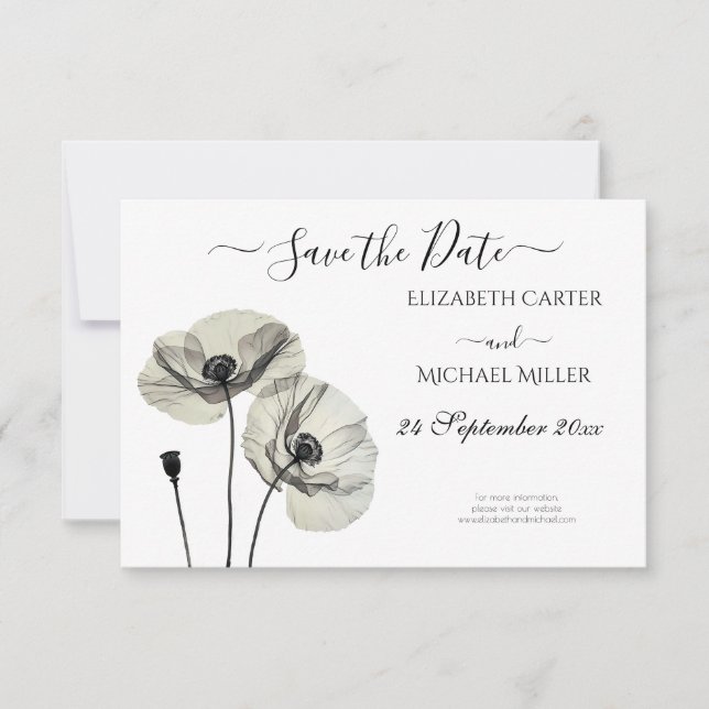 Reserve A Data Minimalismo Elegante Simples Poppies Pretos e Bran (Frente)