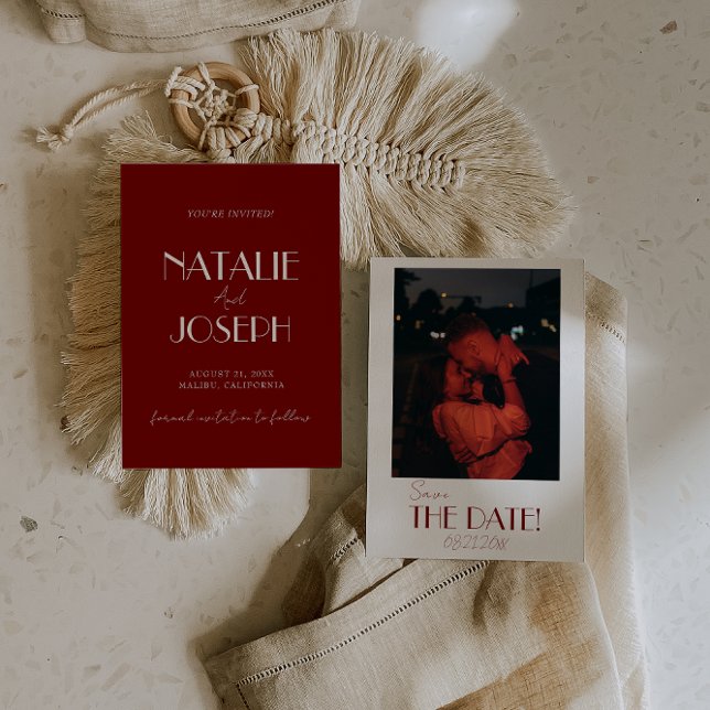 Reserve A Data Minimalist Burgundy Whimsical Retro Photo Wedding (Criador carregado)