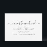 Reserve A Data Minimalist Modern Black White Script Weekend<br><div class="desc">This save the weekend card features elegant script lettering and a clean minimalist layout for announcing a wedding weekend celebration. Perfect for destination weddings or multi-day events where guests should reserve the full weekend. The modern typography keeps the focus on the couple’s names, date, and location. A simple and stylish...</div>