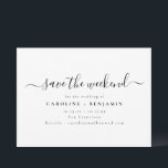 Reserve A Data Minimalist Modern Black White Script Weekend<br><div class="desc">This save the weekend card features elegant script lettering and a clean minimalist layout for announcing a wedding weekend celebration. Perfect for destination weddings or multi-day events where guests should reserve the full weekend. The modern typography keeps the focus on the couple’s names, date, and location. A simple and stylish...</div>