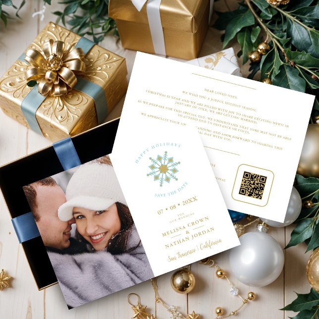 Reserve A Data Minimalist Stylish Gold & Blue Snowflake Photo (Minimalist Stylish Faux Gold & Blue Snowflake Photo Wedding Save the Date with QR Code. )