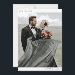 Reserve A Data Minimalista Salvar a Data<br><div class="desc">Este casamento fotográfico moderno salve a data do cartão liso tem uma design limpa e minimalista. A frente apresenta uma foto de solteiro emparelhada com uma fonte na moda. No verso, incluí a data e a localização. Eu defini o plano de fundo como transparente, para que a cor do papel...</div>