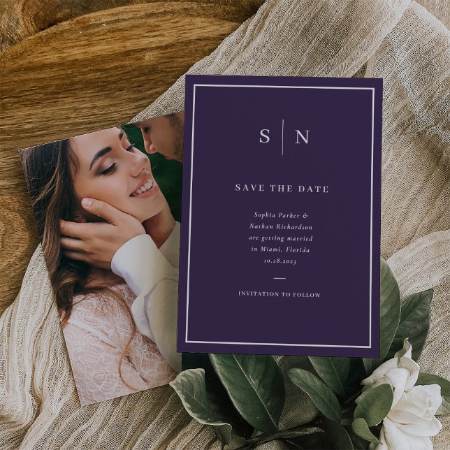 Reserve A Data Mínimo e Chic | Roxo e Branco com Foto (A colorful yet classic purple save the date card, with a photo of the two of you on the back)